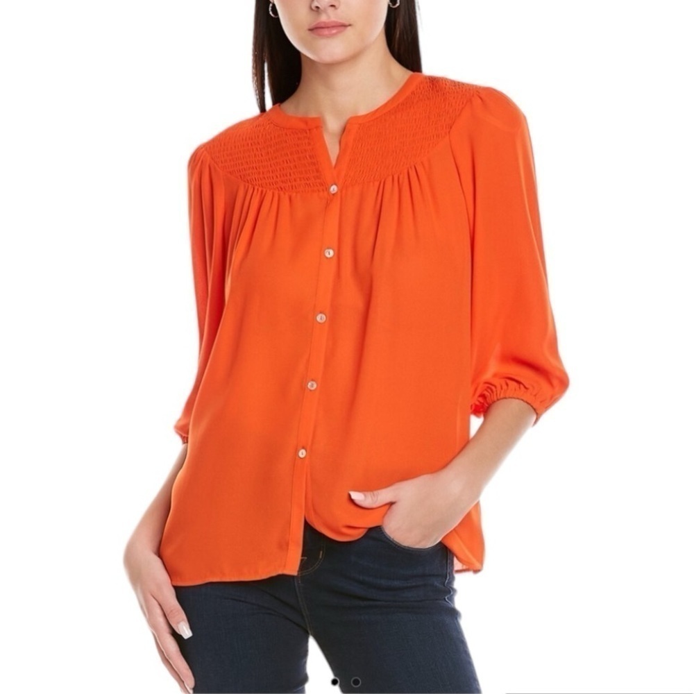 Nanette Lepore Coral Smocked work office Button Down Long sleeve Blouse Top,
